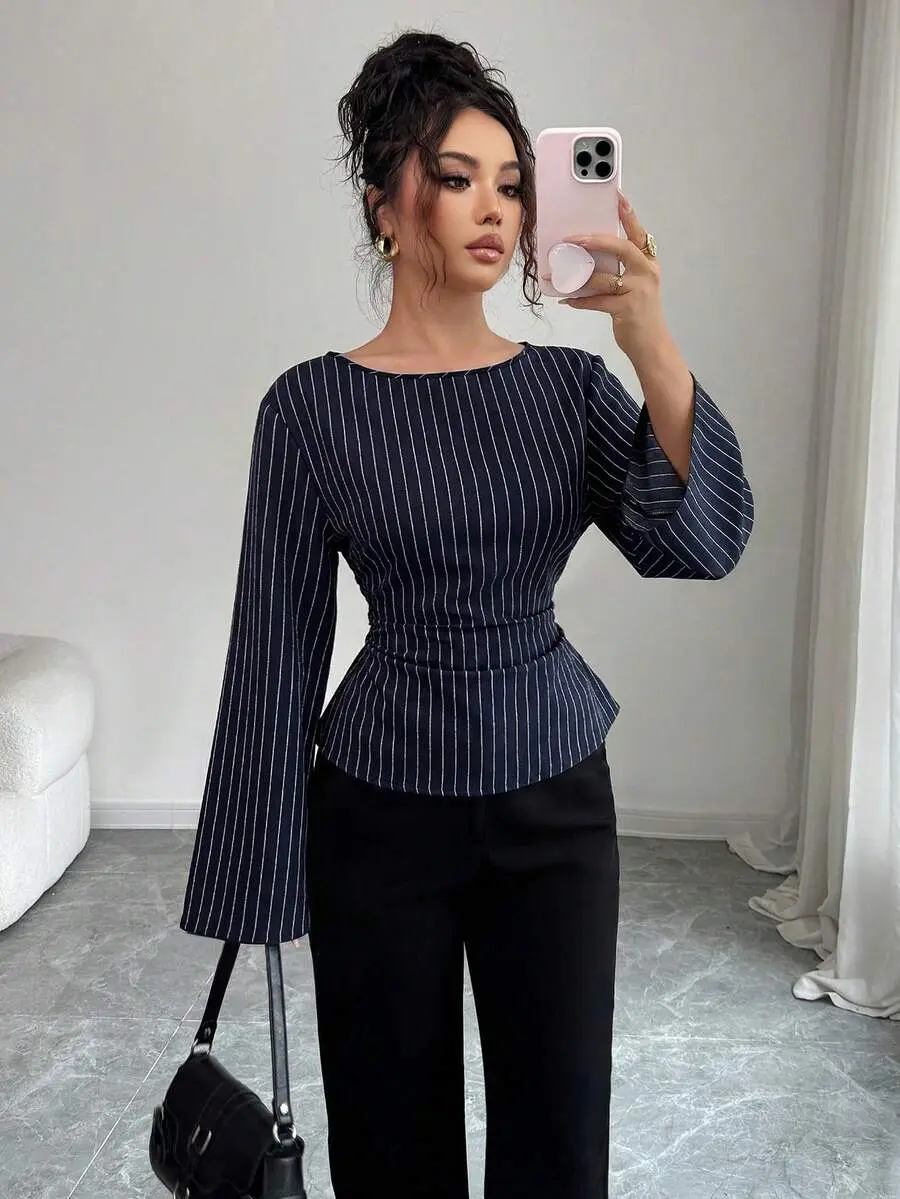 Women's Elegant Navy Blue Striped Boat Neck Bell Sleeve Peplum Blouse, Autumn And Office Work Fashion Fitted Shirt, Business Casual Commuter Tops