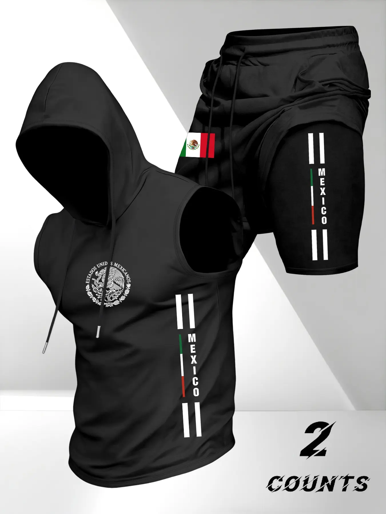 Men's Versatile Fitted Sportswear Set, Sporty Shorts Set, Workout Summer Clothes, 2-Piece Mexican Style, Hooded Sleeveless T-Shirt with Fake Two-Piece Shorts, Casual Daily Wear, Active Outfit