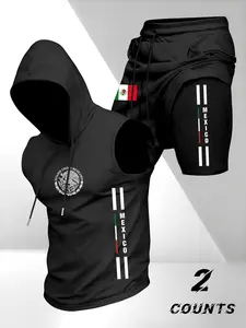 Men's Versatile Fitted Sportswear Set, Sporty Shorts Set, Workout Summer Clothes, 2-Piece Mexican Style, Hooded Sleeveless T-Shirt with Fake Two-Piece Shorts, Casual Daily Wear