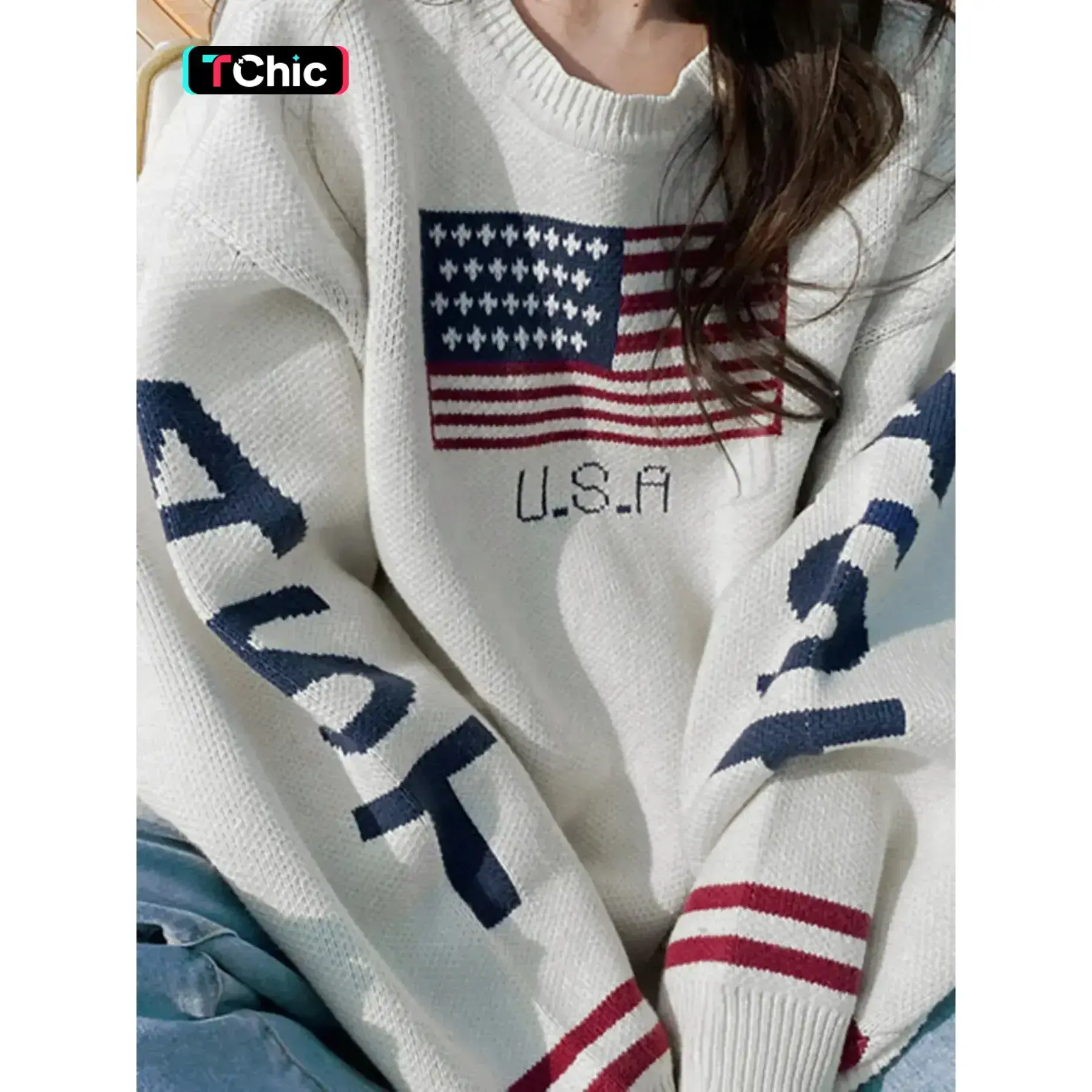 Women's American Flag Knit Sweater Tops - Casual Long Sleeve Round Neck Pullover for Patriotic Holidays, Daily Wear