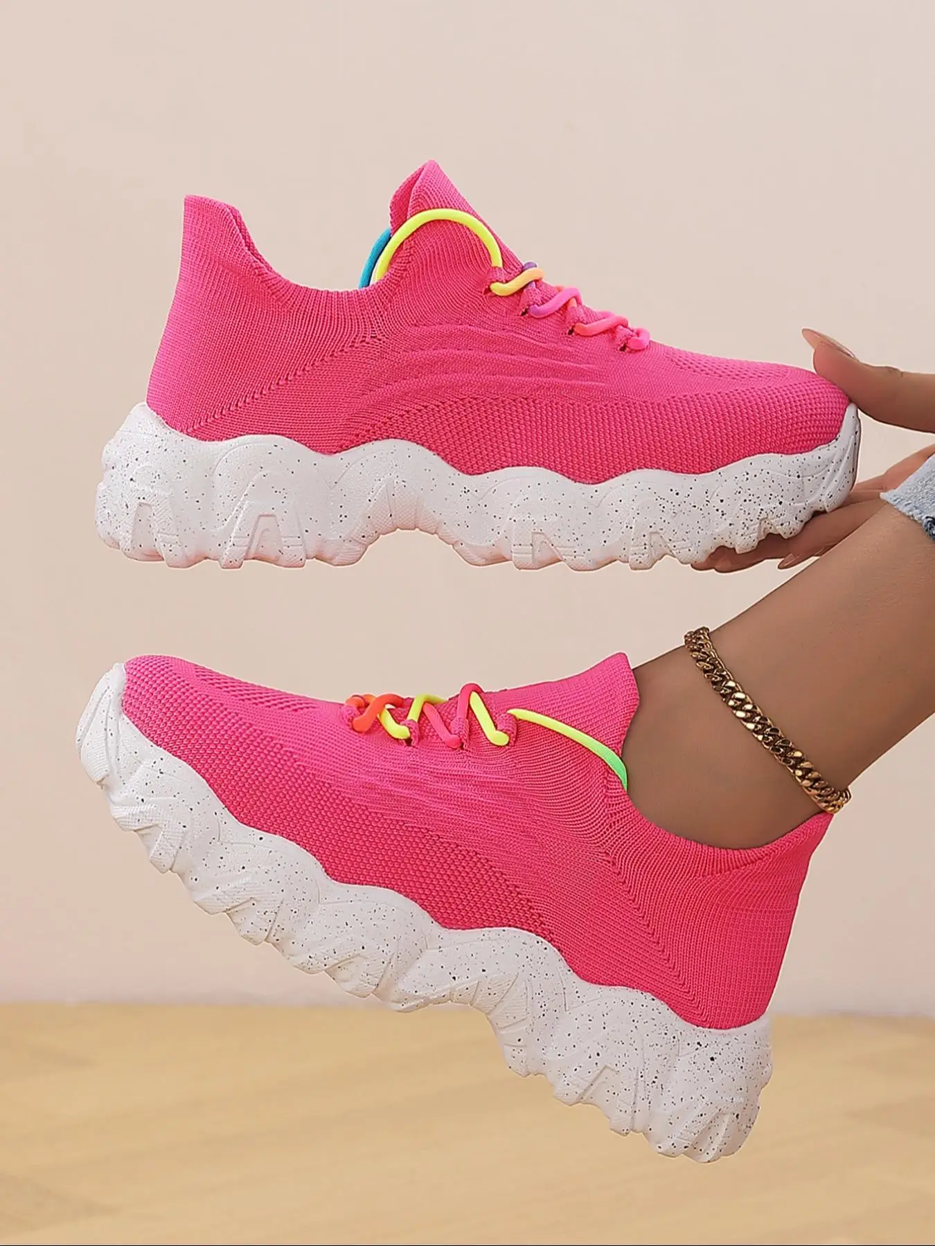 Women's Fashionable Colorblock Lace Up Front Platform Sneakers, Casual Comfort Sports Running Shoes, Female All-match Round Toe Chunky Sneakers for Da