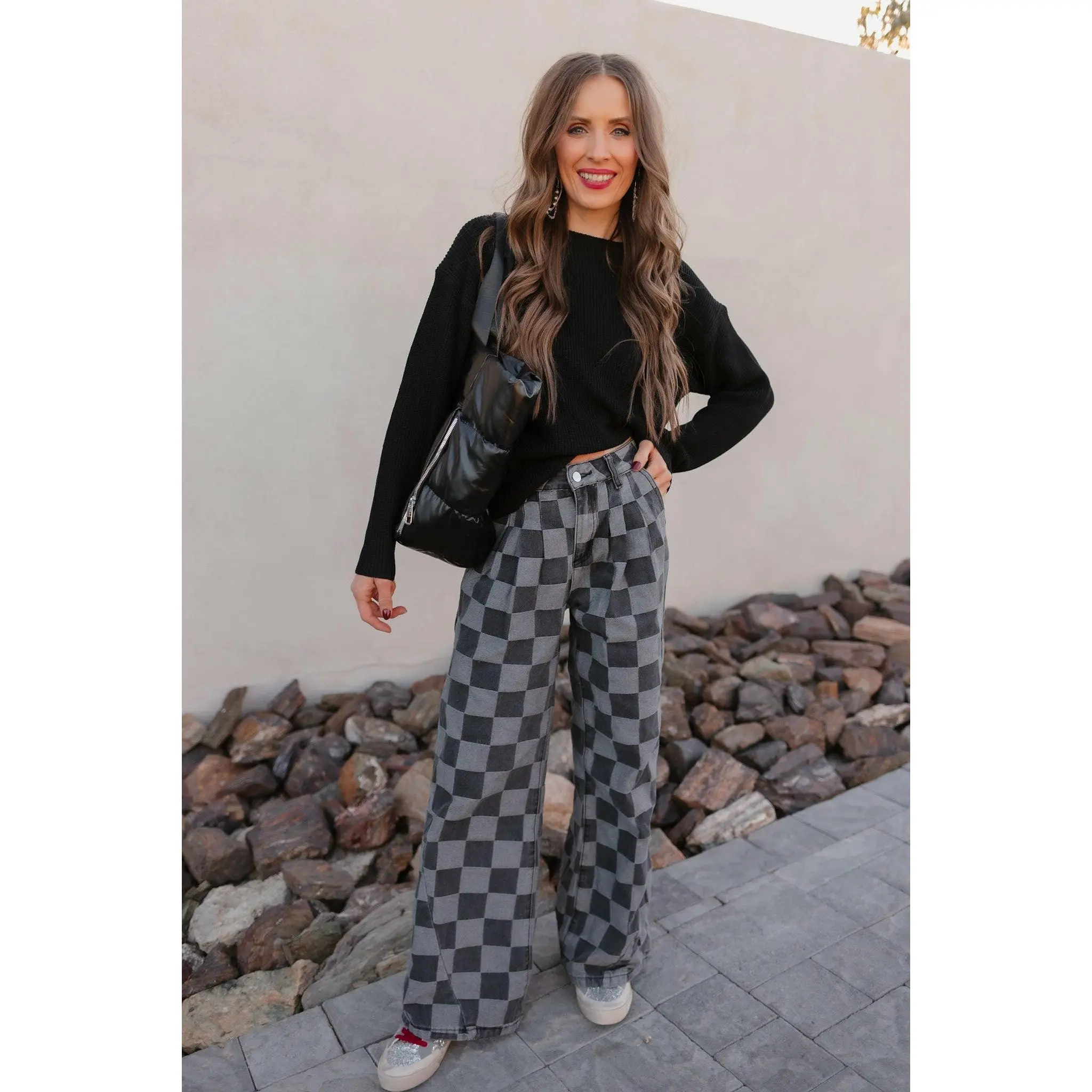Women's High Waist Checkered Jeans, Wide Leg Cotton Blend Trousers in a Relaxed Fit, Casual Statement Bottoms, Button, Piece, Loose-Fitting, Functional Pockets, Denim, Elevated Casual, Polyester, Fabric, Print