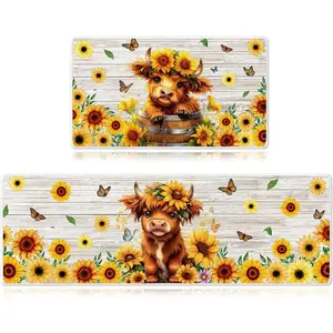 Highland Cow Kitchen Mats Set of 2, Sunflower Farmhouse Runner Rugs for Kitchen Floor, Decorative Absorbent and Washable Non Slip Door Mat Entryway, Bathroom, Bath, Hall, Laundry, Hallway, Kitchen, Entry, Laundry Room