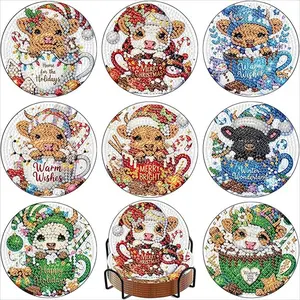 8-Piece Cow Pattern Diamond Painting Coaster Set, Sparkling Rhinestone Heat-Resistant Drink Mats with Stand, DIY Craft Kits for Beginners
