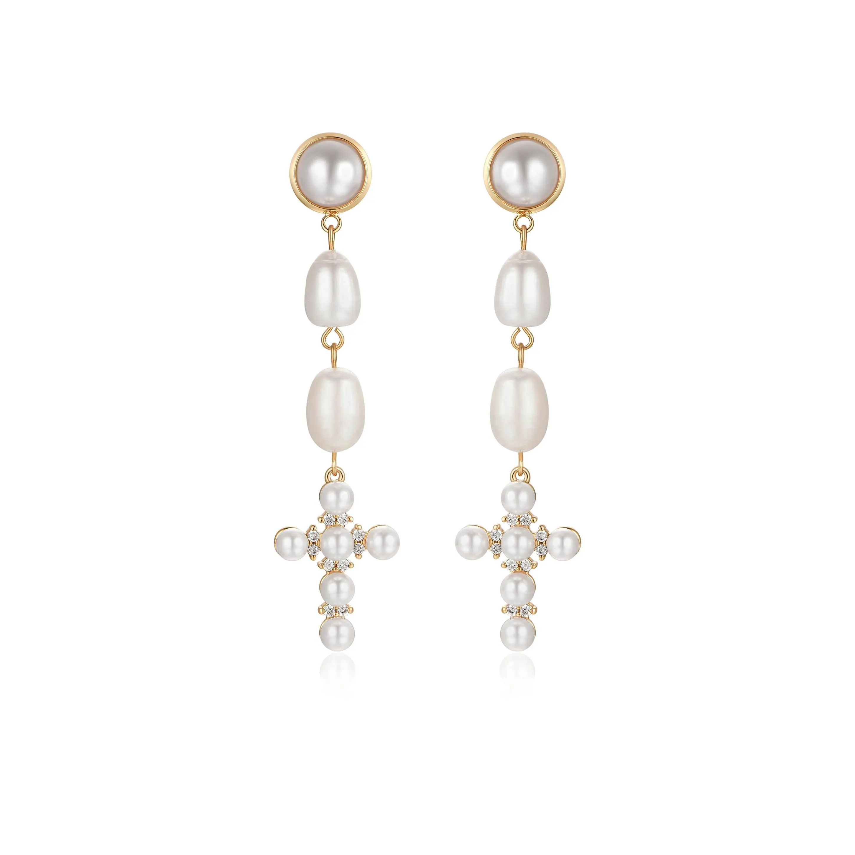 Ettika Pearl Cross Drop Earrings with Pearls and Beads, Simple Design with Elegant Finish