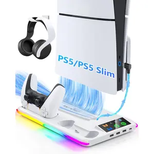 Controller Charger for PS5/PS5 Slim/Pro: PS5 Stand Cooling Fan and Controller Charger Station, PS5/PS5 Slim/Pro Accessories Vertical  Dock for  5 Console (White)