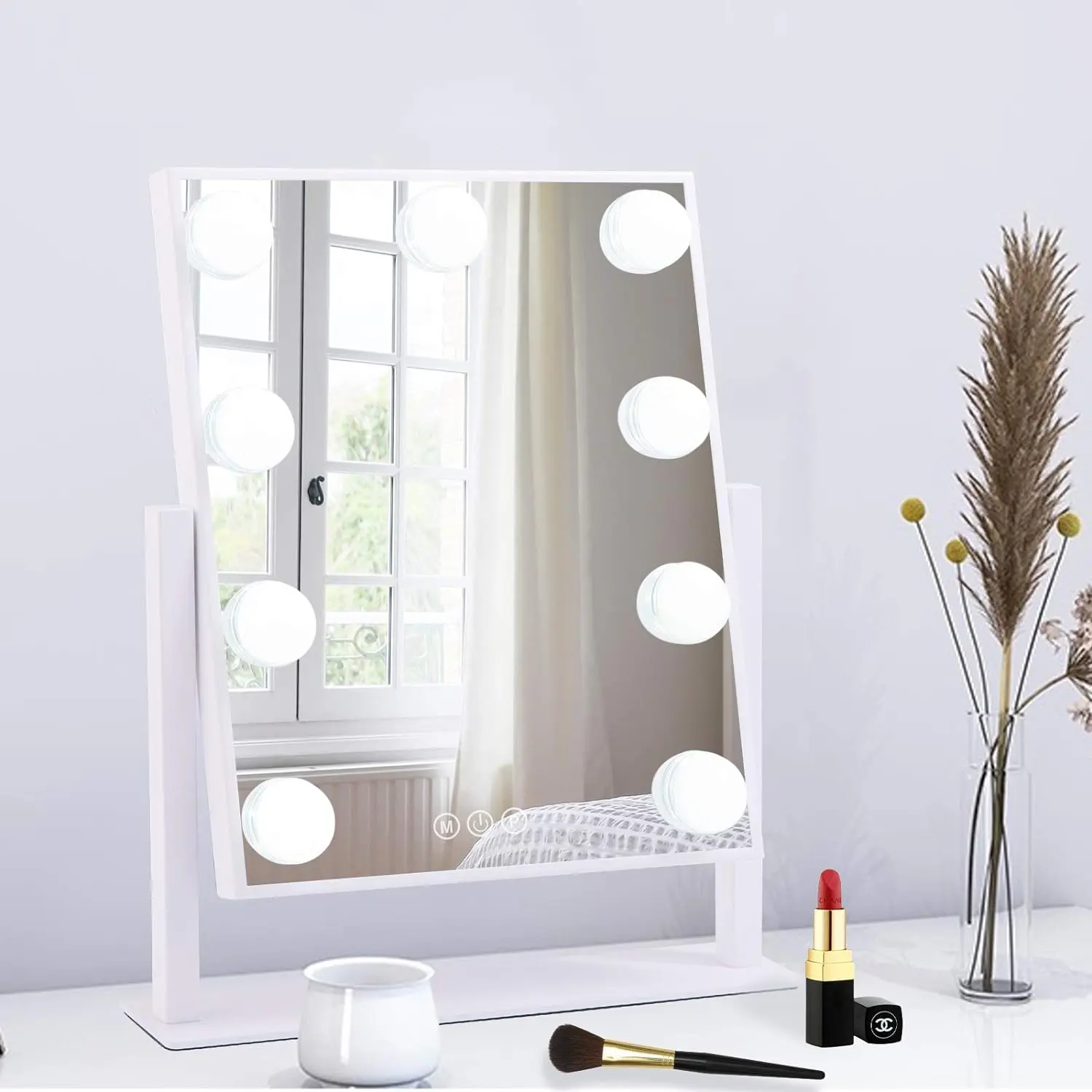 Lighted Makeup Mirror Hollywood Vanity Mirror with 360° Rotation, Touch Control,  Dimable LED Bulbs, 10X Magnification, Metal Frame, 12" L x 14" W, Gift for Makeup Lovers