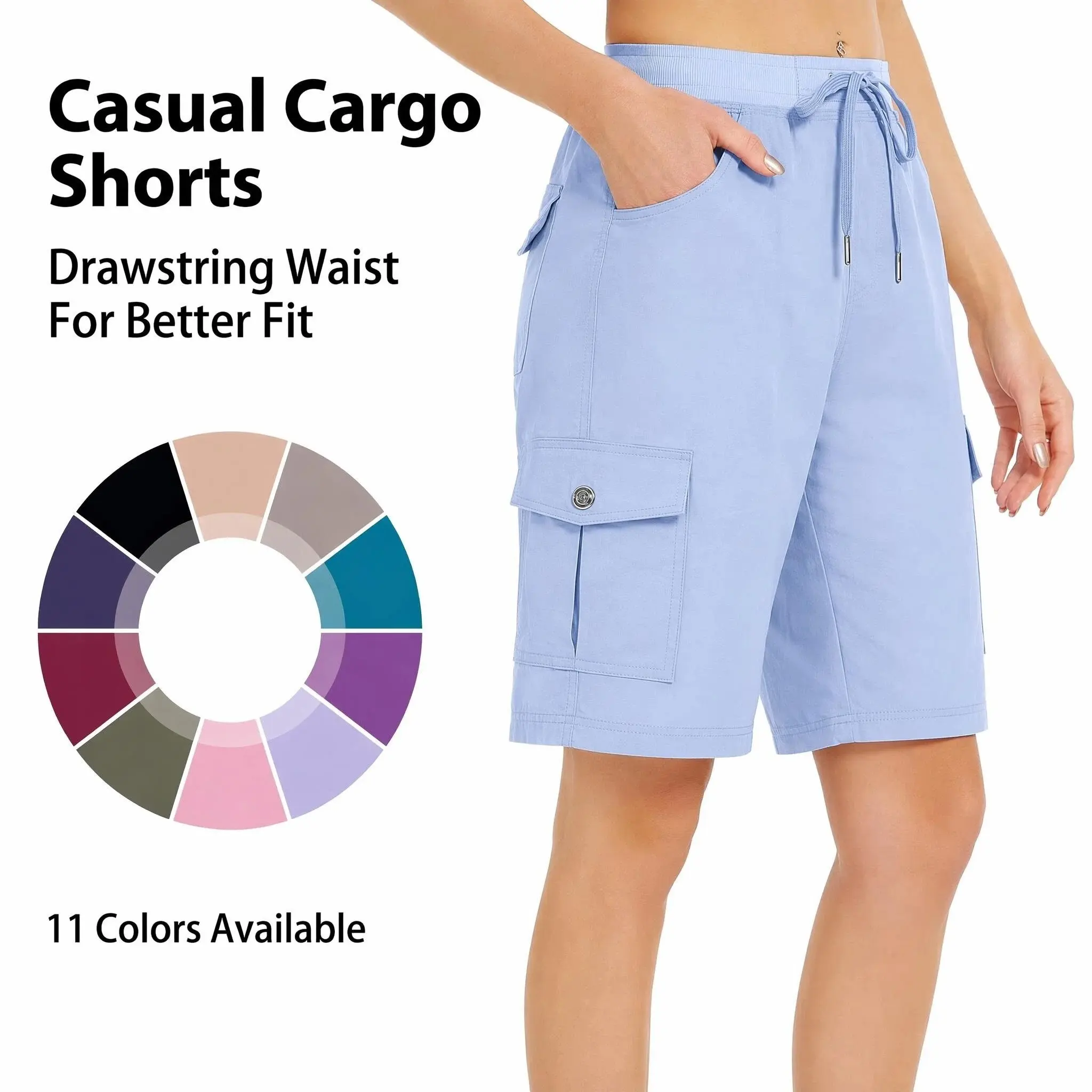 Women's Chic Outdoor Cargo Shorts, Quick Dry 10" Inseam Stretch Nylon with Pockets for Hiking and Travel, Traveling, Active, Above Knee, Nylon Blend