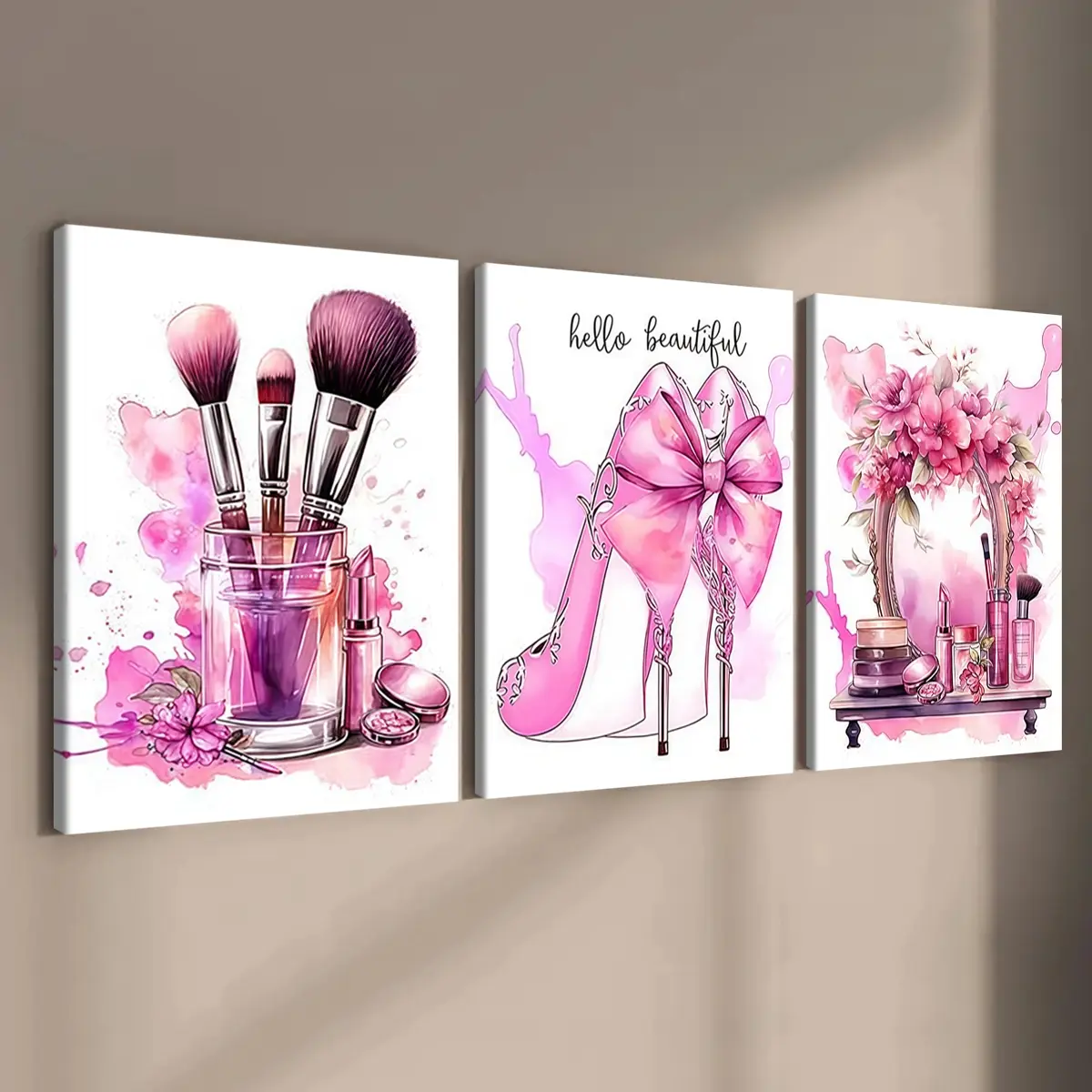 3 count wooden frame canvas, Pink beauty Art poster, Creative Design Print, Aesthetic Girly Art, women's room poster, bedroom, living room, corridor & above bed wall decoration, HD, waterproof, Art, Artwork, Decoration Items