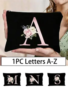 Ombre Letter Print Black Linen Zipper Pouch, A-Z Letter Pattern, Coin Purse Cosmetic Bag, Travel Organizer: Outdoor Makeup Storage, Suitable For Women, Mothers, Teachers, Friends, Valentine's Day Gift, Student Gift, Daily Use, Birthday