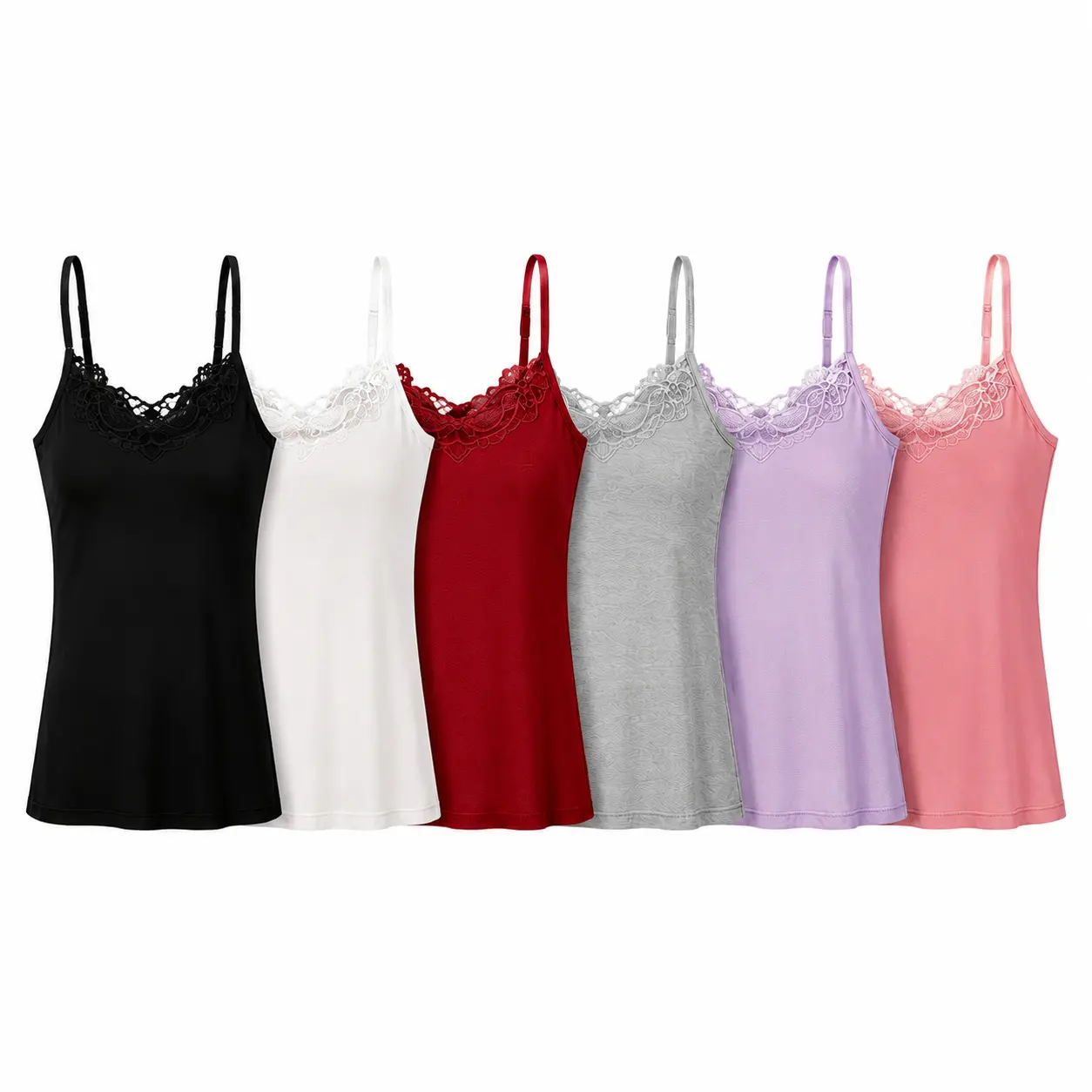 【6 Pack】Women's Lace Camisole Tank Tops, No Padding, Soft Stretch Wireless Cami for Summer, Multi-Color Pack, Comfortable Everyday Layering Tops for Casual Wear, Lightweight Breathable, Yoga, Lounge, Sleep, Home, Trendy Fashion