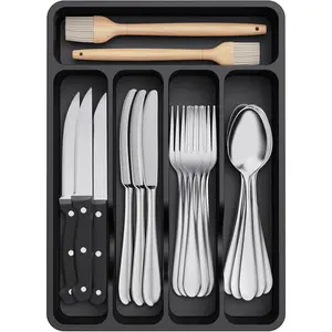 Silverware Drawer Organizer Tray, Plastic Cutlery Storage for Kitchen Drawer, Flatware and Utensil Holder Divider for Spoons Forks  Tableware, 5 Compartment, Black