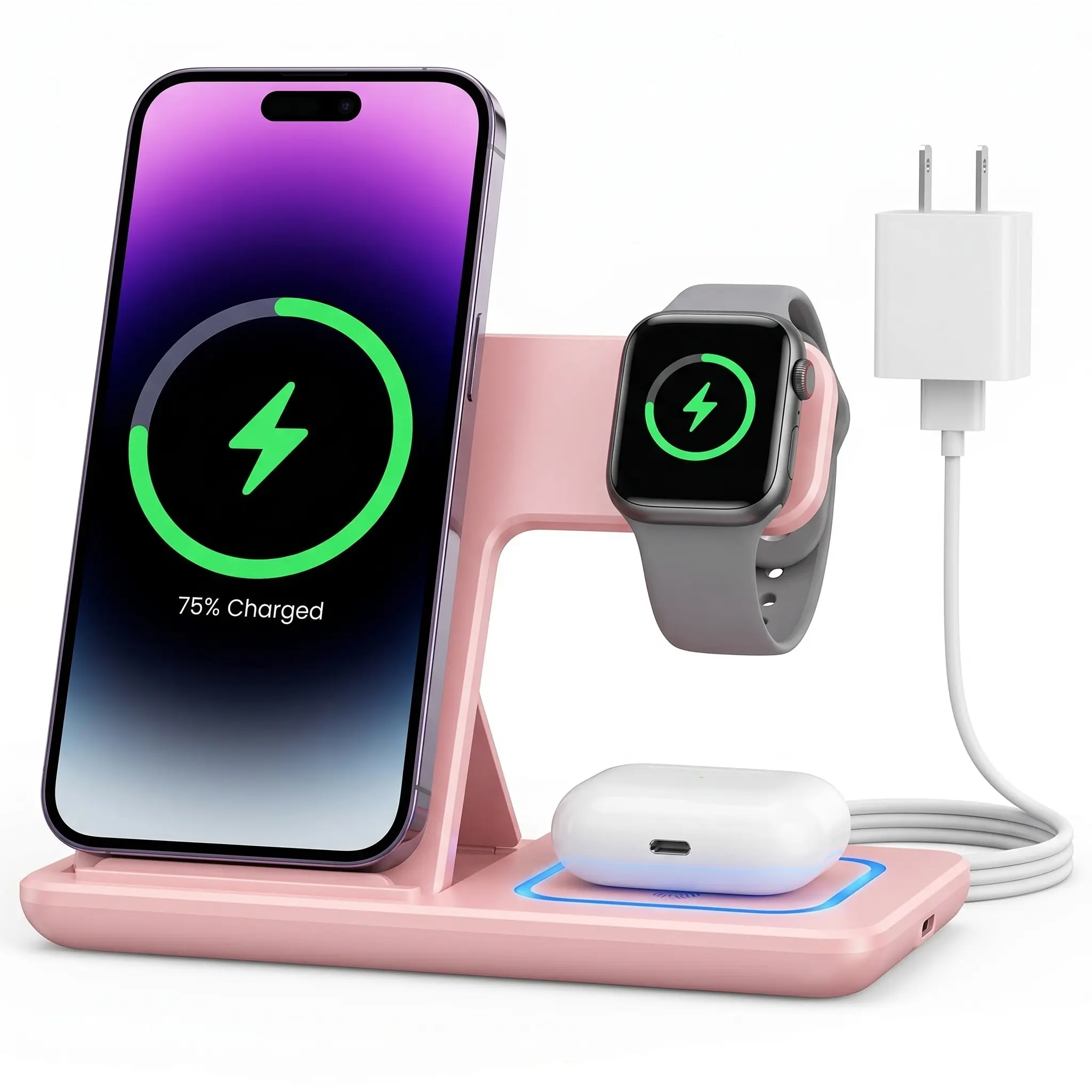 15W Fast 3-in-1 Folding Wireless Charger - Portable Electronic Charging Station for Smartphone, Cellphone, iPhone, Samsung Mobile Phones, iWatch & AirPods Series