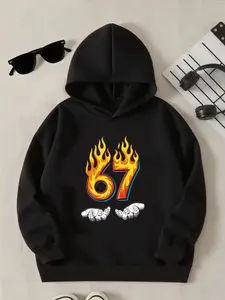 New Spring And Autumn Children's Clothing, Boys And Girls' Creative Hooded Sweatshirts, Six Seven 67 Flame Gesture Printed Tops, Trendy, Casual, Fashionable And Unique Daily Wear That Is Versatile And Suitable For All Occasions, Ideal Gift Choice