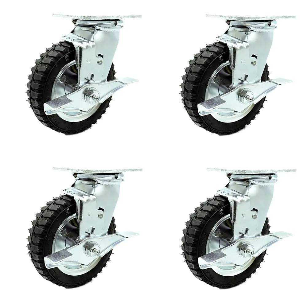 Service Caster SCC-100S150-PNB-TLB-4 6 in. Swivel Pneumatic Rubber Wheel Casters - Black, 1000 lbs Capacity, Top Lock Brake, Noise Reduction, Smooth Ride Motion, OEM/Replacement Part for Food Carts - Set of 4
