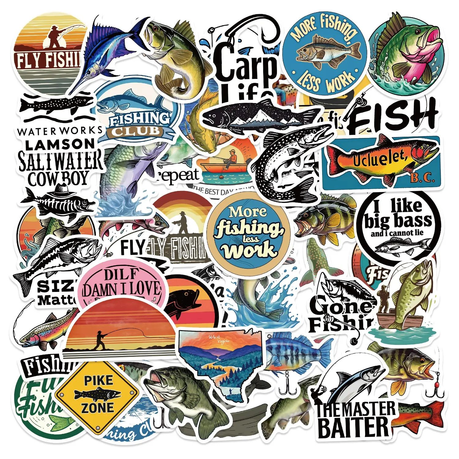 50pcs Fishing Stickers Pack, Sticker Set, Adhesive Stickers, Crafts, Sticker Haul, Waterproof Bass Fish & Outdoor Angler Decals for Laptop, Water Bottle, Luggage, Tackle Box & Skateboard, Fisherman Gift