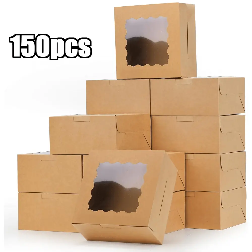 150PCS Cookie Boxes with Window, Brown Kraft Bakery Boxes for Cookies Treats, Desserts, Cupcakes, Macarons, Perfect for Wedding, Party Favors And Gift Giving