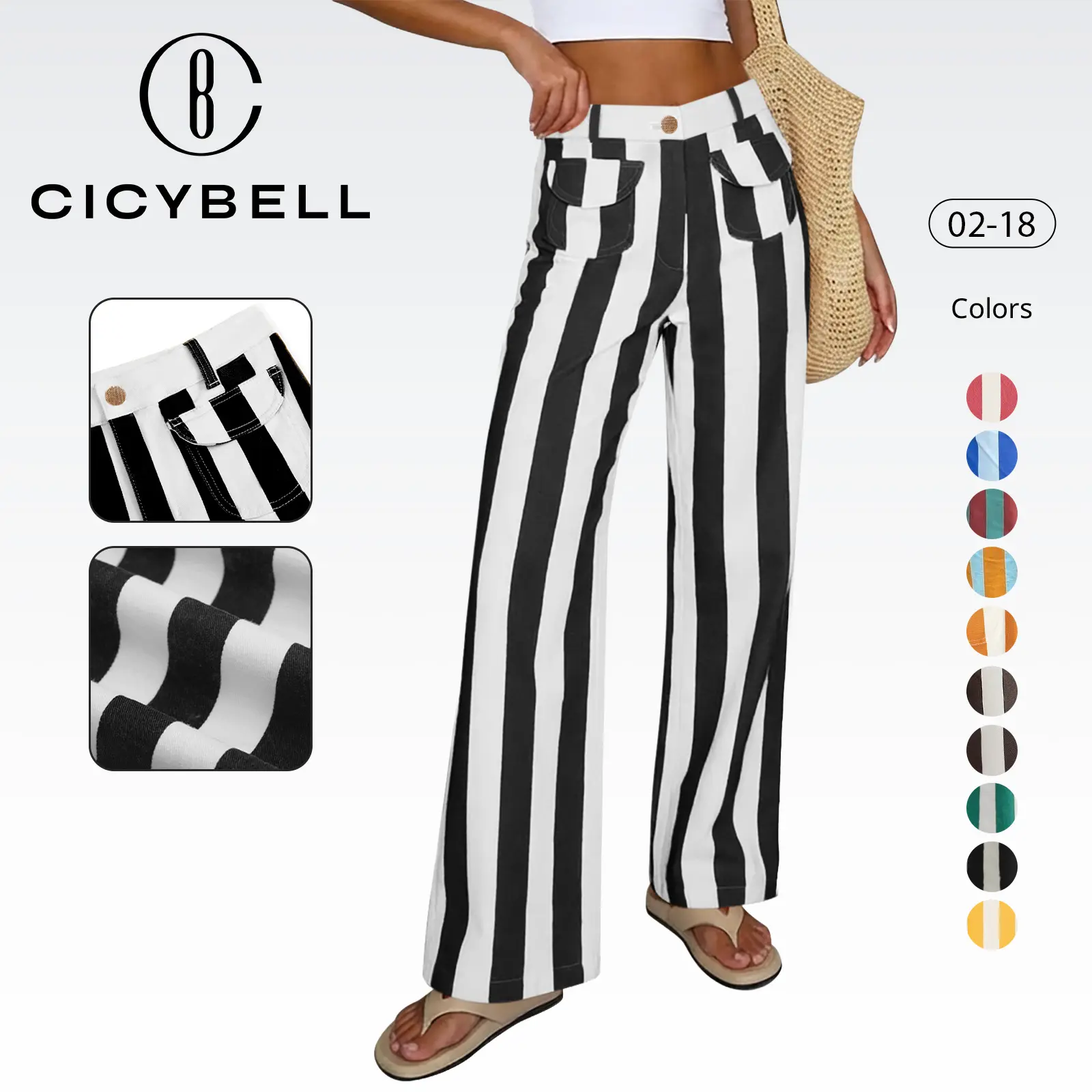 Cicy Bell Womens Striped Wide Leg Jeans High Waisted Baggy Summer Casual Trendy Cotton Denim Pants with Pockets