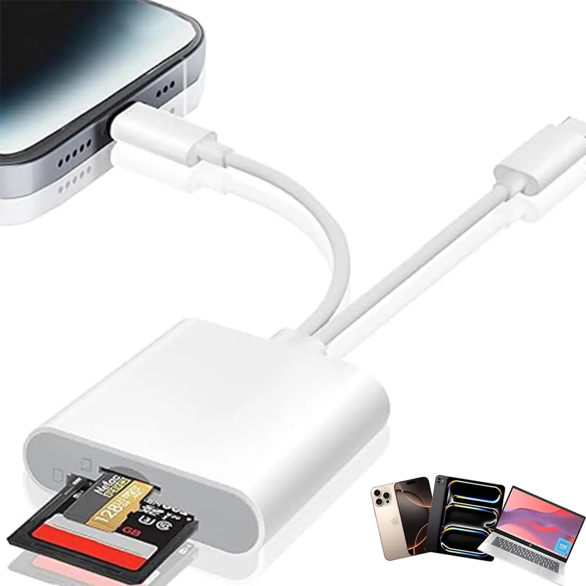 iPhone memory card reader with a USB camera adapter, supporting SD, TF, and micro SD cards. This plug-and-play device works with iPads and trail game cameras without needing any apps., Work, Photographers