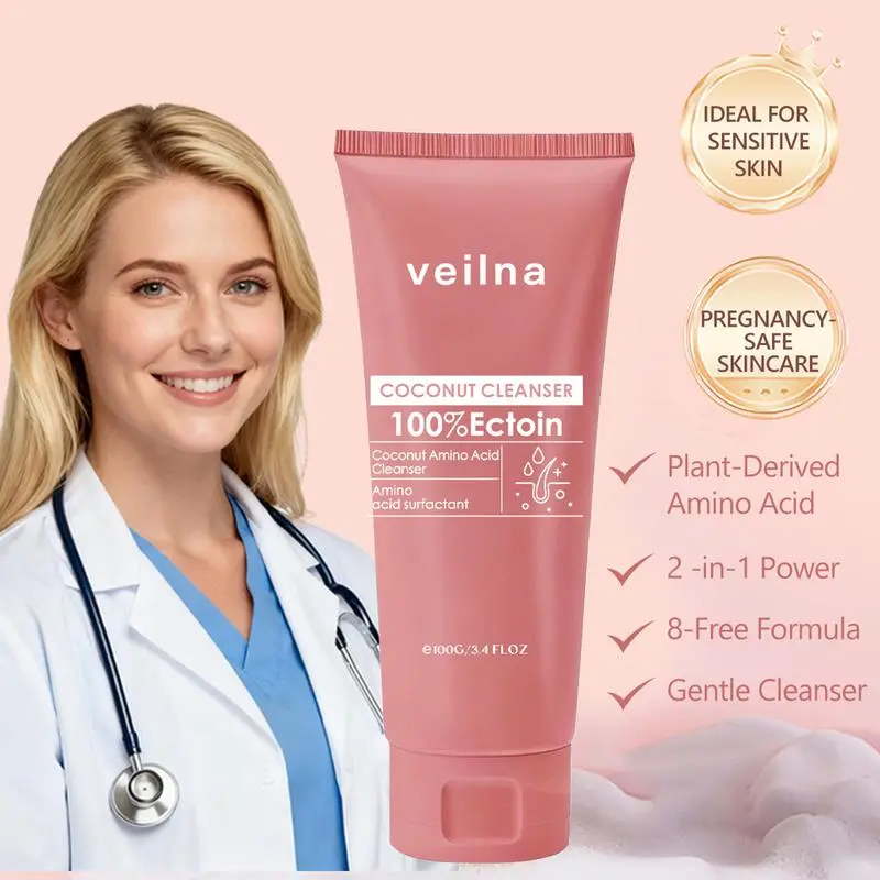 Veilna Coconut Amino Acid Facial Cleanser, 2-in-1 Gentle Soothing Cleansing Cream with 100% Ectoin for Sensitive Skin, Pregnancy-Safe, Skin Care