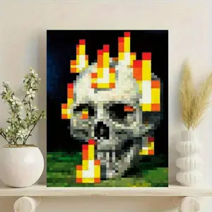1pc Unframed Vibrant Pixel Skull Flames Canvas Poster, Art Deco Style, Indoor Wall Art, Poster and Print, Artwork Wall Painting for Gift, Bedroom, Office, Living Room, Cafe, Wall Decor, Home and Dormitory Decor, Christmas Decoration, New Year Decor