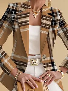 Women's Fall Outdoor Striped Plaid Geometric Pattern Digital Print Blazer Jacket, Casual Fitted Regular Length, Spring & Fall Fashion