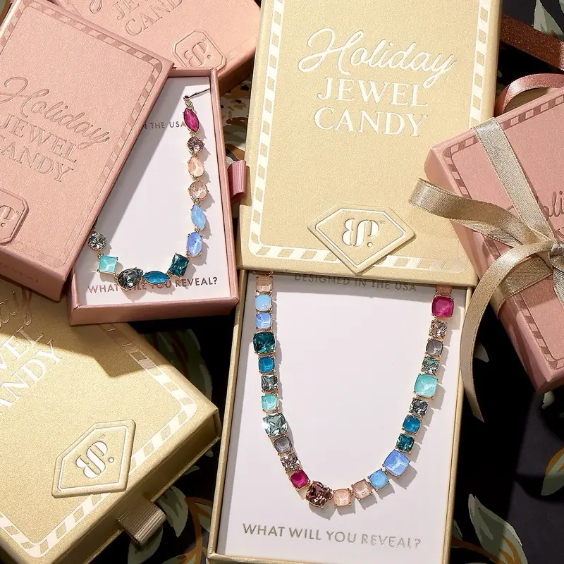 BP Jewel Candy Necklace - New with Seal, Unrevealed, Assorted Multi-gemstone Design, Adjustable, Four Different Platings