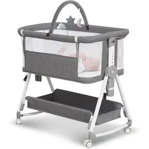 3-in-1 foldable baby bedside bassinet sleeper with hanging toys, 4-sided mesh crib with wheels and storage basket, 6 height settings, light gray