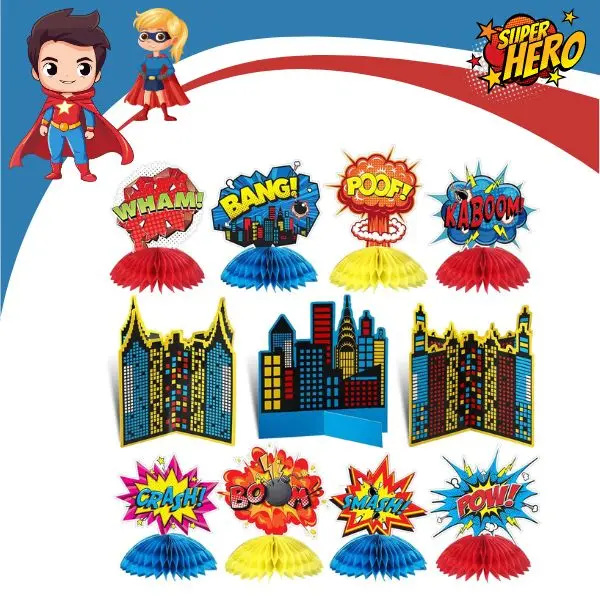 11PCS Superhero Party Decorations – 3D Honeycomb Centerpieces, Hero Table Toppers & Action Sign Cards for Birthday, Baby Shower & Kids Party Supplies