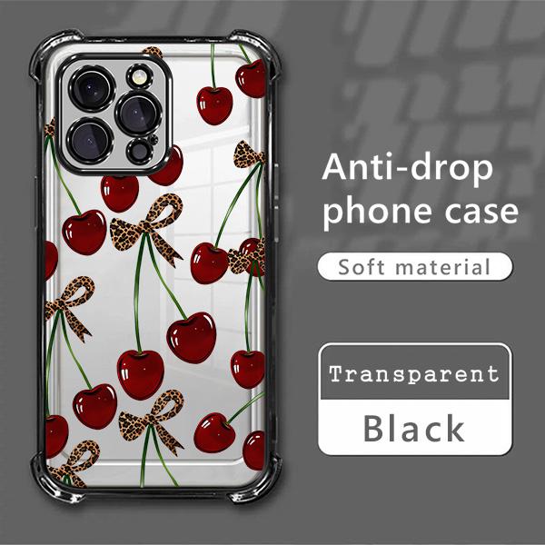 Cherry leopard print bow pattern four-corner shockproof transparent electroplated protective phone case for iPhone 17 Pro Max 16 15 14 Plus 13 12 11 XR XS Air,Simple and stylish camera Protection DurablePhone Case