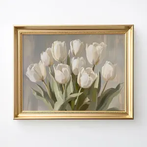 White Tulips Oil Painting Nursery Wall Art Flowers Kitchen Art Vintage Floral Wall Print WH76