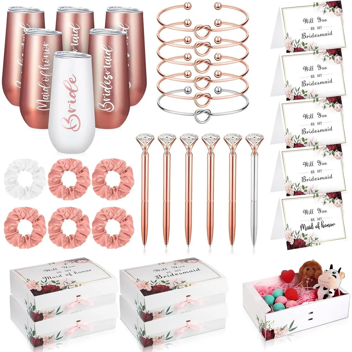 34 Bridesmaids Proposal  Set Include 5 Bridesmaids Proposal Box 6  Tumblers 6 Love Knot Bracelets 6  Pen 5 Maid of  Card with 6 Hair Ties(Rose ,Elegant)