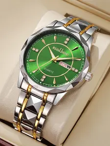 Men's Luxury Rhinestone Large Dial Alloy Strap Quartz Luminous Calendar Watch, Round Analog Face, Clasp Closure, All Seasons