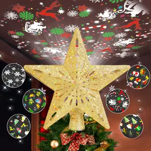 Lighted Christmas Tree Topper with 6 Pattern Projection Modes, Christmas Star Tree Topper Built-in LED Rotating Lights, Gold 3D Glitter Dynamic Projector for Christmas Decorations
