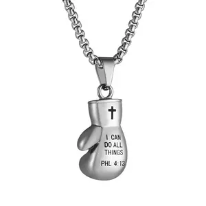 HZMAN Boxing Glove Cross Pendant, I CAN DO ALL THINGS STRENGTH Bible Verse Stainless Steel Necklace 22+2" Chain