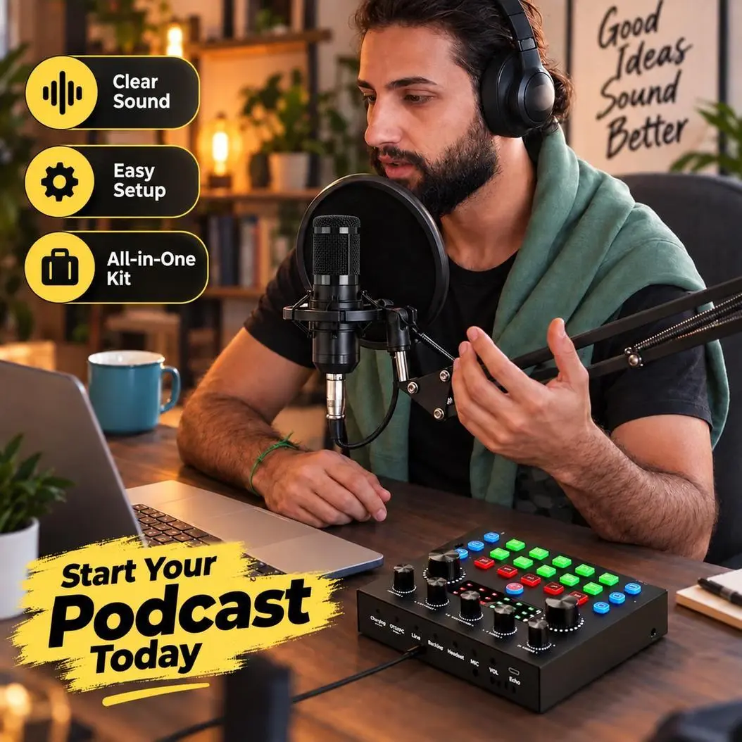 BM800 Black Condenser Microphone Kit, with V8S Audio Interface, Pop Filter, Shock Mount and Boom Arm, for TikTok Live, YouTube, Twitch, Podcasting, Gaming and Singing