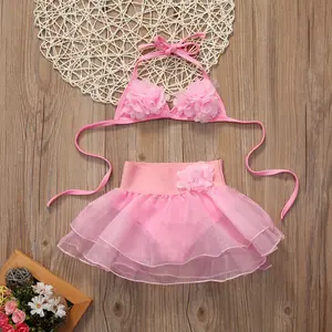 Baby Girl Flower Swimsuit 2Pcs Halter Triangle Tops Tutu Skirt with Panty Bikini Solid Color Set Bathing Suit Swimwear