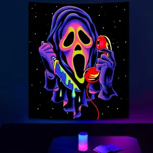 Tapestry  Black Light Skull Tapestry, UV Reactive Neon Horror Wall Hanging, Glow-in-the-Dark Ghost Decoration Suitable for Bedrooms, Game Rooms, and Parties - 30 x 40inch