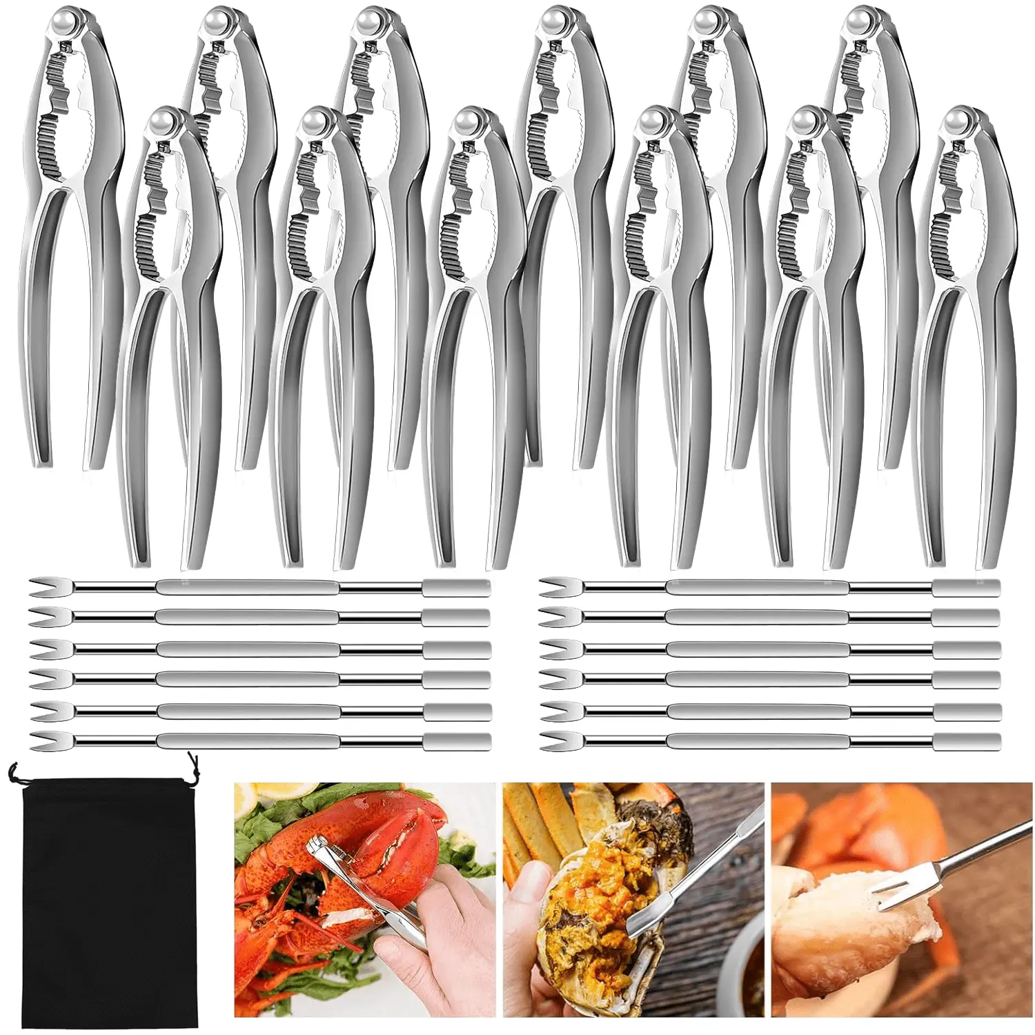 Seafood Tools Set including 12 Forks and 12 Lobster Crab Crackers Nut Cracker Set, Shellfish Crackers and Tools for Seafood Boil Party Supplies, Dishwasher Safe