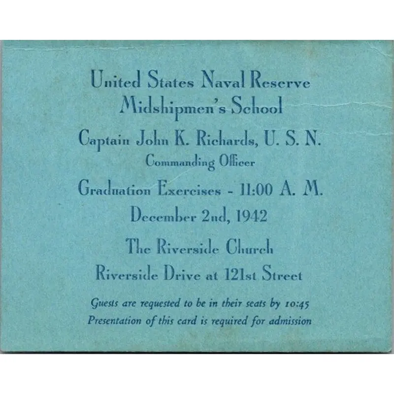 1942 WWII US Naval Reserve Midshipmen's School Graduation Invitation AI9-M26