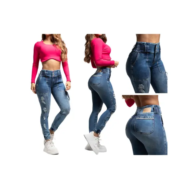 Premium Colombian jeans for women, with back pockets, push-up effect, a figure-enhancing fit, 3-button waistband, slim fit with a sexy and elegant design that accentuates your curves. Beautiful denim jeans.