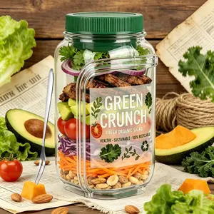 Generic Portable Salad Jar with Side Opening, Reusable Vertical Layered Lunch Container with Leakproof Dressing Section for Office, School, and Travel Durable| Healthy Meal Prep Solution with Dressing Cup | Bonus Free Stickers & Fork