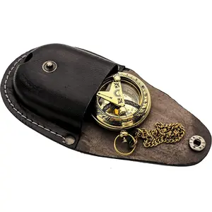 Brass Sundial Compass with Leather Case and Chain - Push Open Pocket Steampunk Compass Accessory - Beautiful Handmade Sundial Clock Gift, Gold, 2 Inch