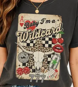 Trendy Cowgirl T-shirt, Wild Card Collage T-shirt, Western Graphic Quotes Sublimation, Retro Wild West Shirt, Country Retro Cowboy