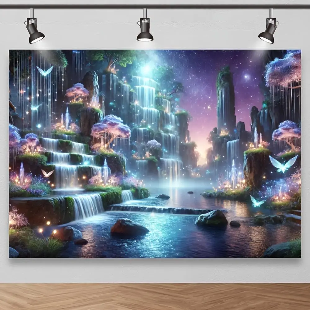 Polyester Enchanted Forest Photography Backdrop-Banner, Printed Art with Butterflies, Mystic Lighting, Decoration for Photography, Birthday Events
