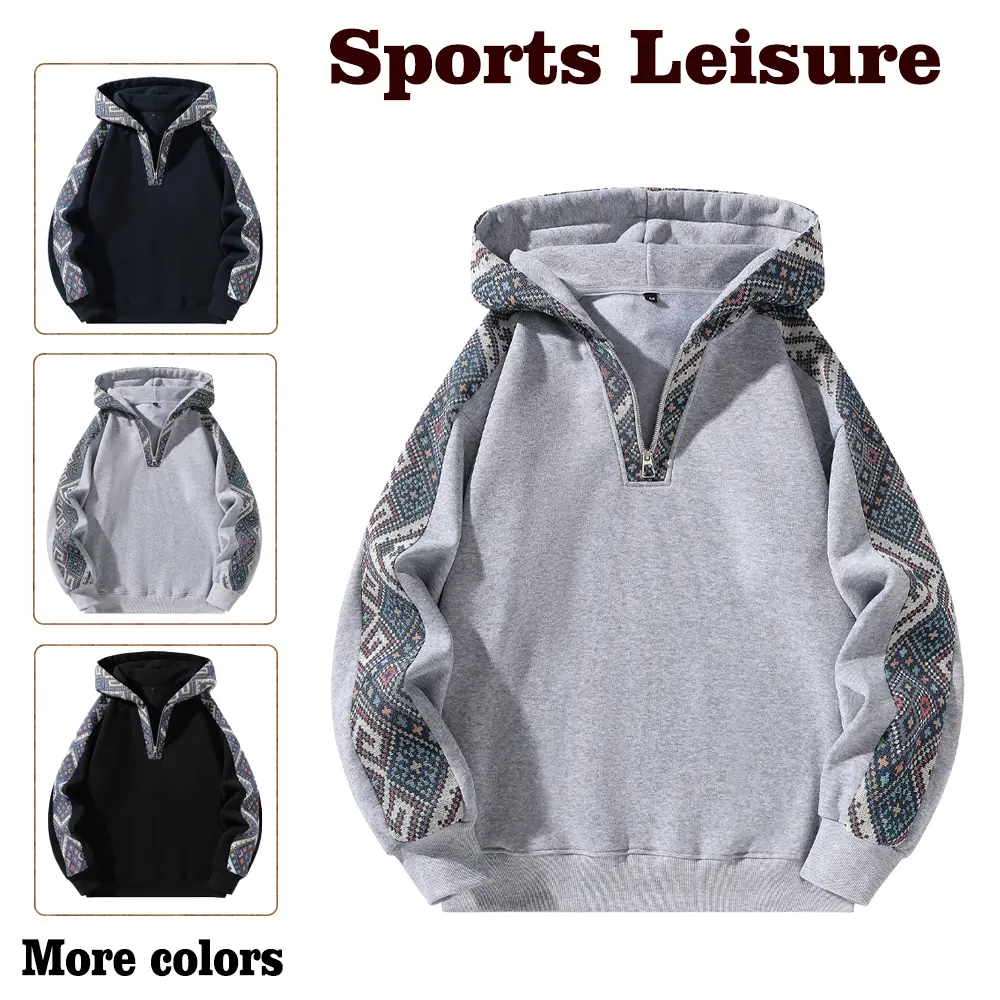 Men's Culturally-Inspired Block-Style Hoodie - Long-Sleeve Quarter-Zip Machine-Washable Pullover Sweatshirt, Menswear Tops for Casual, Emo Outfits, Block-Style Men's Hoodies, Culturally-Inspired Men's Hoodies