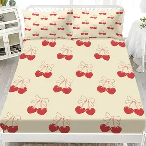 3pcs Bedding Set (1 Fitted Sheet + 2 Pillowcases), Base Cherry Bow Print, Breathable Polyester Fiber, All Seasons