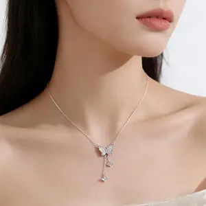S925 pure silver women's shiny fringed butterfly pendant necklace, elegant and luxurious, equipped with synthetic zirconia, suitable for daily occasions, vacations, Christmas as a women's jewelry gift