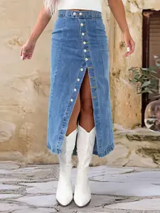 Women's Elastic Washed Denim Midi Skirt, Casual Button Design, All Seasons Wear, Perfect for Dating and Daily