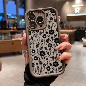 Black Vintage Floral Pattern Phone Case suitable for iPhone17 16 15 14 Pro Max 13 12 11 XR XS Plus Shockproof Drop Protection Rugged Durable Silicone Cover